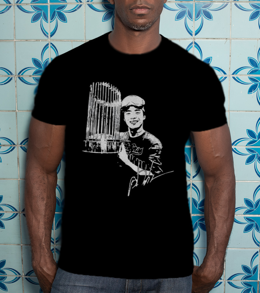 Yoshinobu Yamamoto MLB Champions Celebration Los Angeles Dodgers Cup Holding Player Signature T-Shirt
