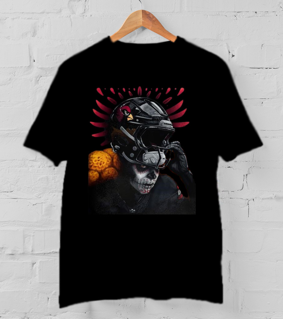 Arizona Cardinals Día De Muertos Football Helmet Skull Design T-Shirt