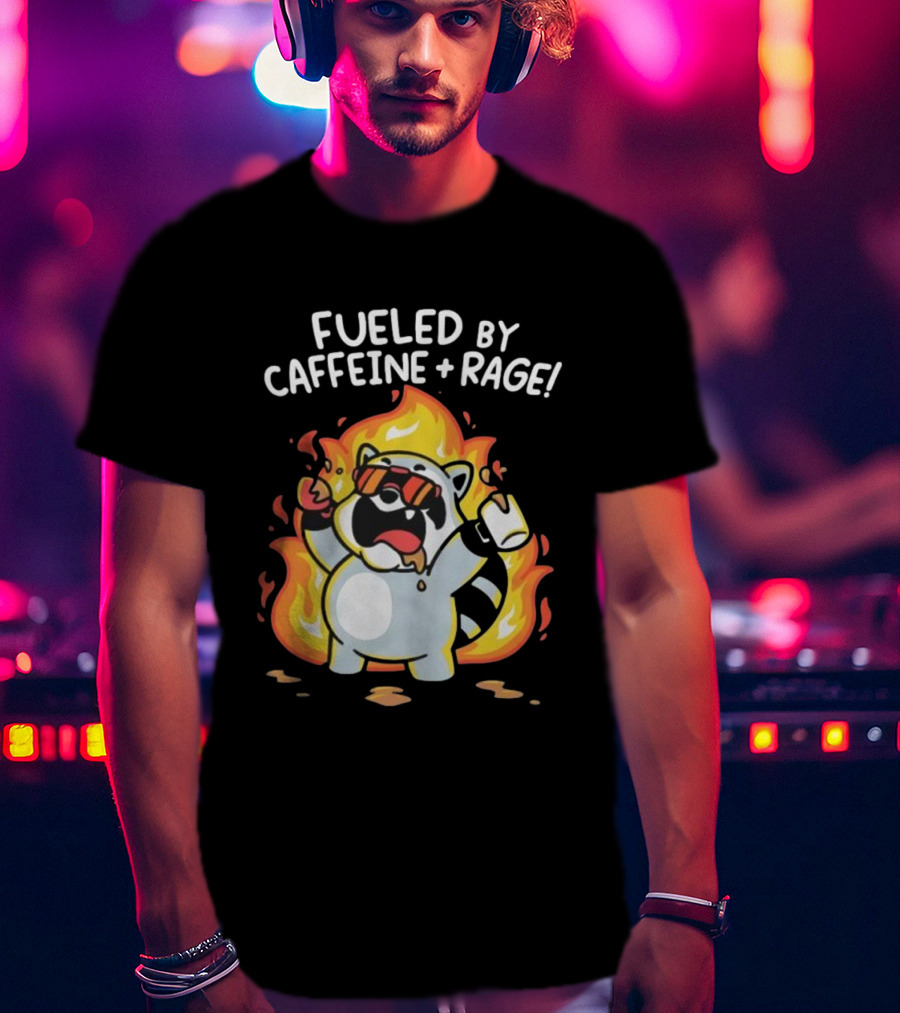 Fueled By Caffeine And Rage Raccoon Fire Cartoon Coffee T-Shirt