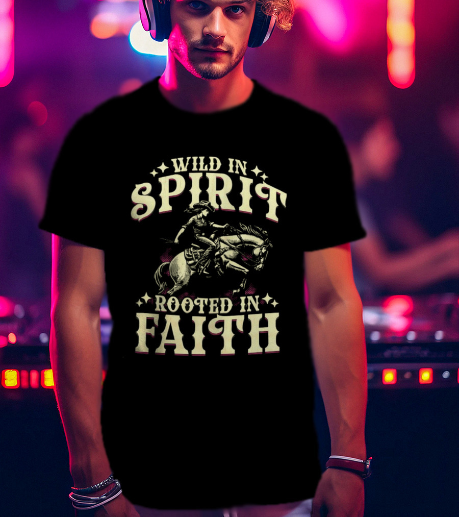 Cowgirl Wild In Spirit Rooted In Faith Equestrian Rider With Horse Western Theme T-Shirt