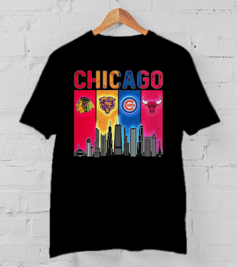 Chicago Blackhawks Bears Cubs Bulls Skyline T-Shirt