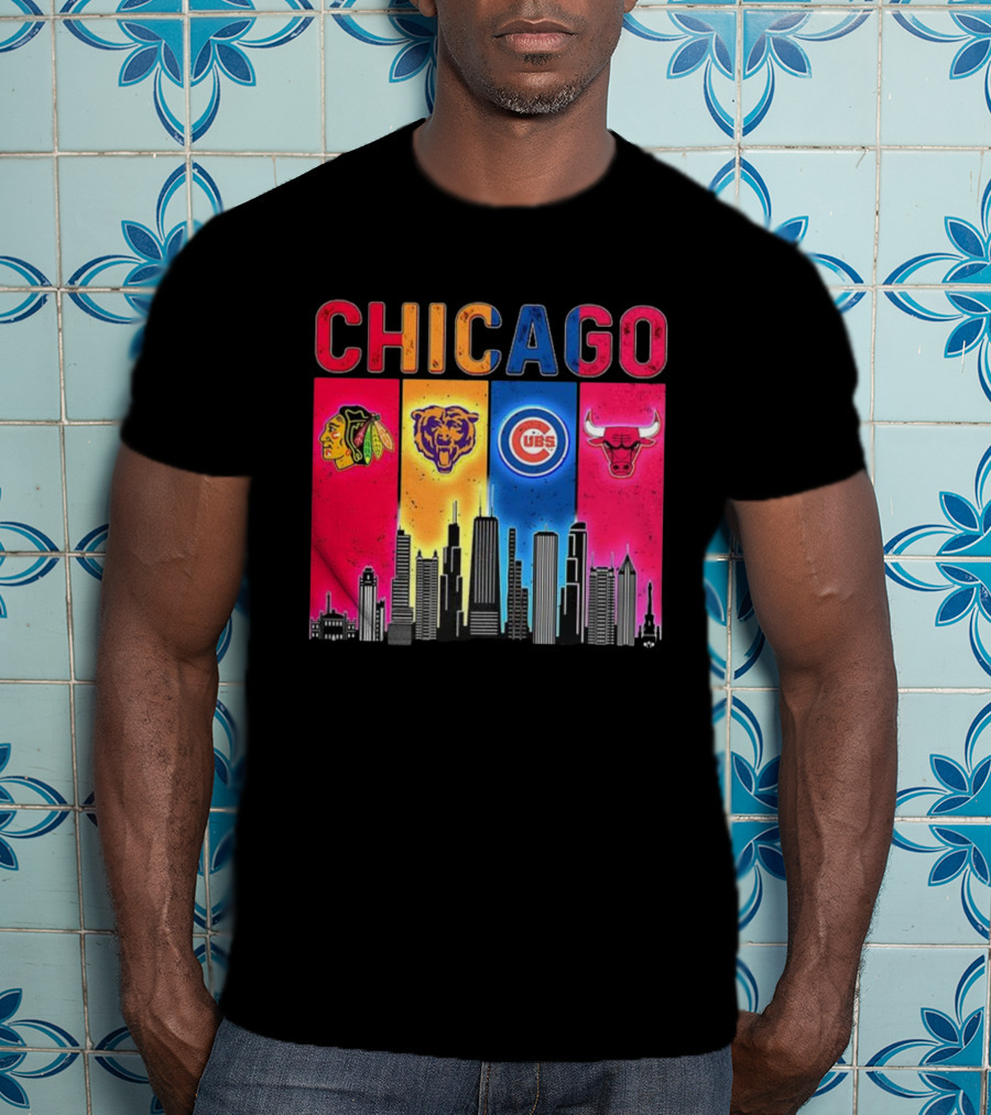 Chicago Blackhawks Bears Cubs Bulls Skyline T-Shirt