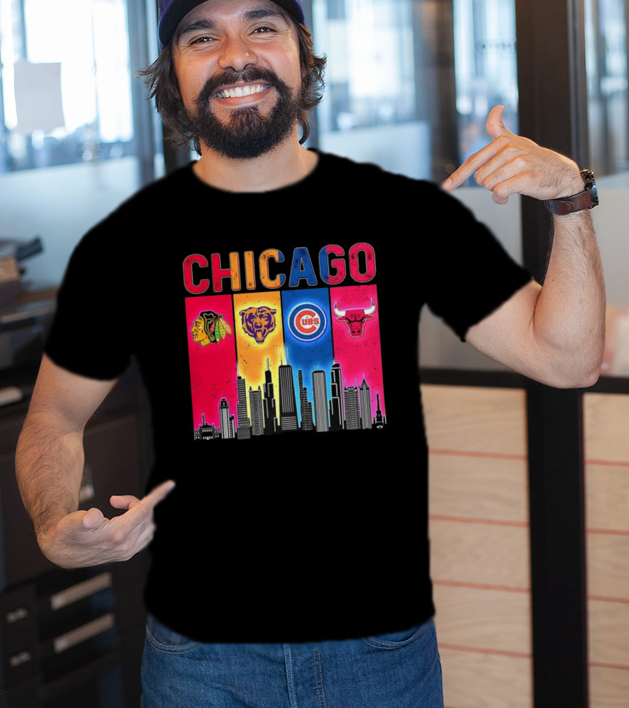 Chicago Blackhawks Bears Cubs Bulls Skyline T-Shirt