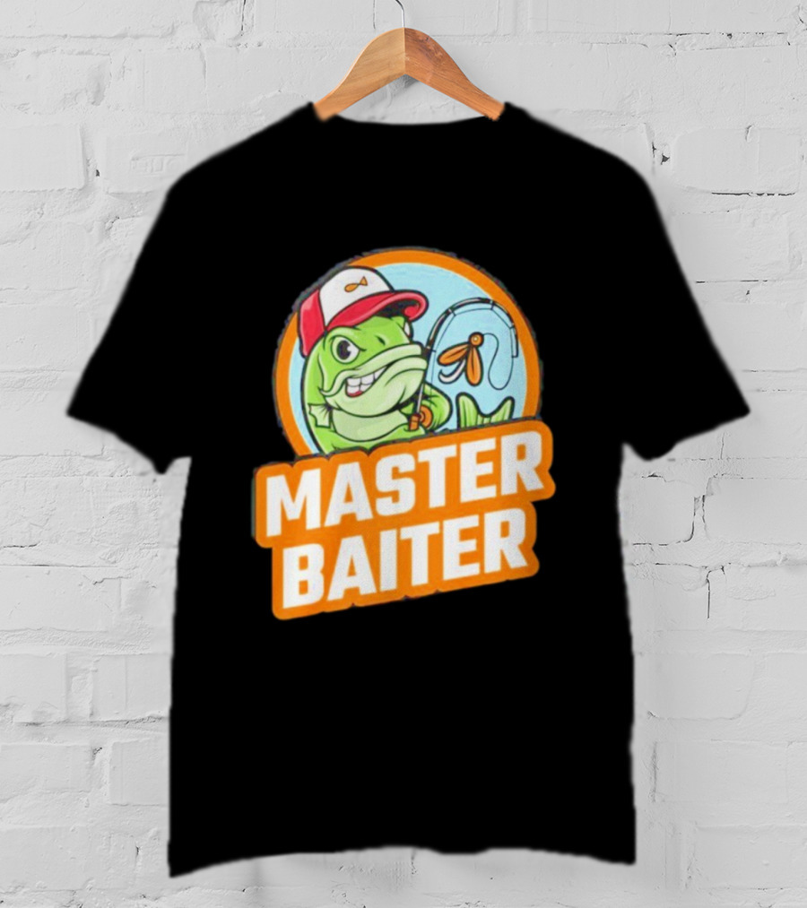 Master Baiter Fishing Cartoon Fish With Red Cap And Fishing Rod T-Shirt