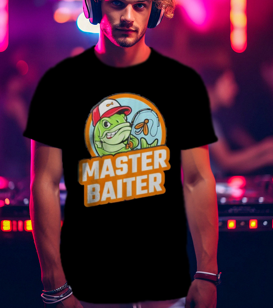 Master Baiter Fishing Cartoon Fish With Red Cap And Fishing Rod T-Shirt