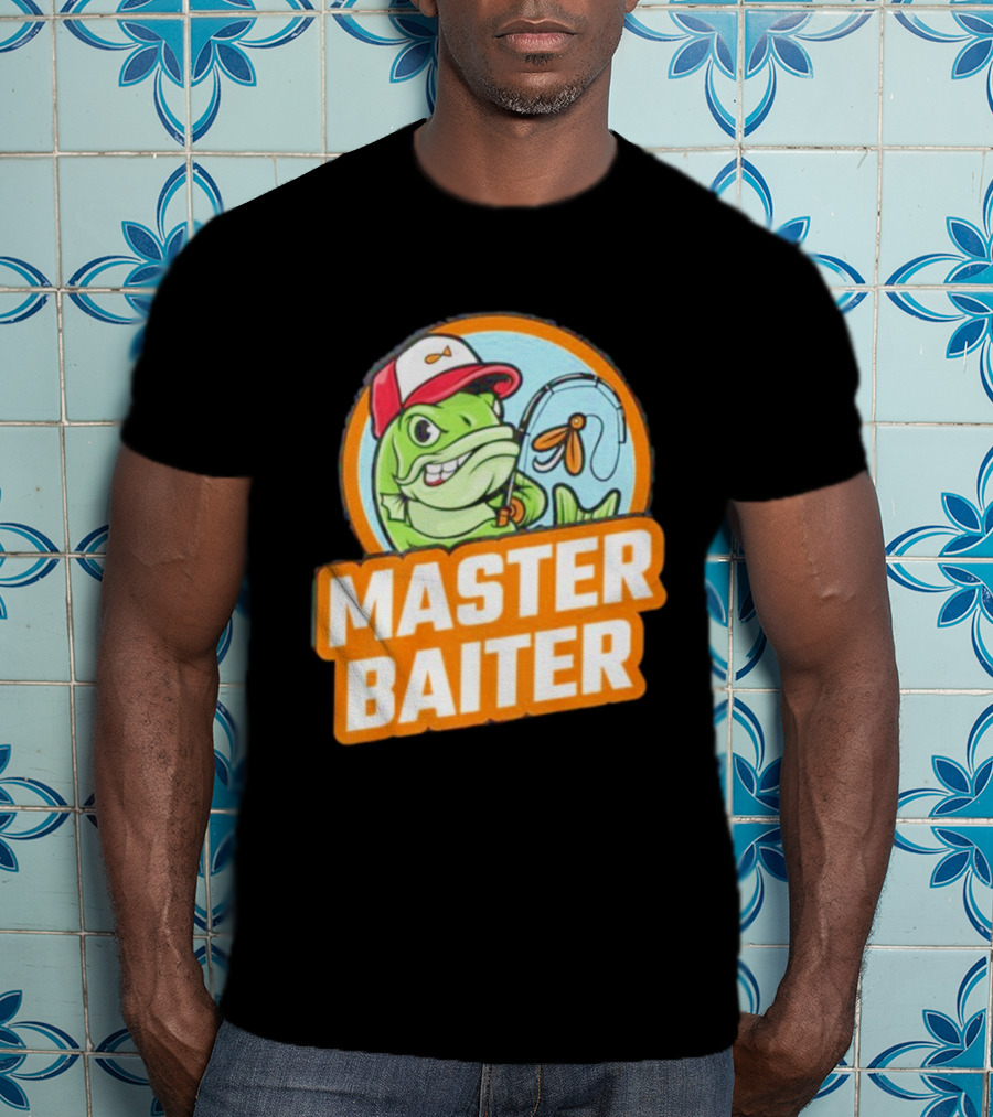 Master Baiter Fishing Cartoon Fish With Red Cap And Fishing Rod T-Shirt