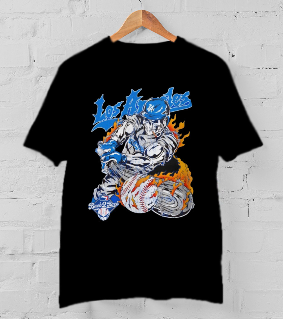 Warren Lotas Back 2 Back Los Angeles Dodgers MLB Skull Baseball Flame Design T-Shirt