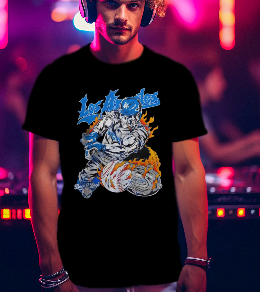 Warren Lotas Back 2 Back Los Angeles Dodgers MLB Skull Baseball Flame Design T-Shirt