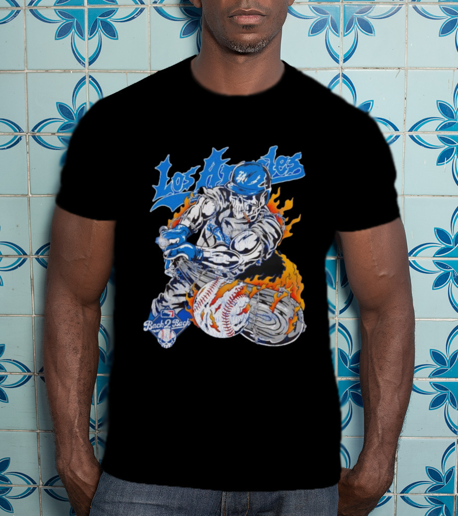 Warren Lotas Back 2 Back Los Angeles Dodgers MLB Skull Baseball Flame Design T-Shirt