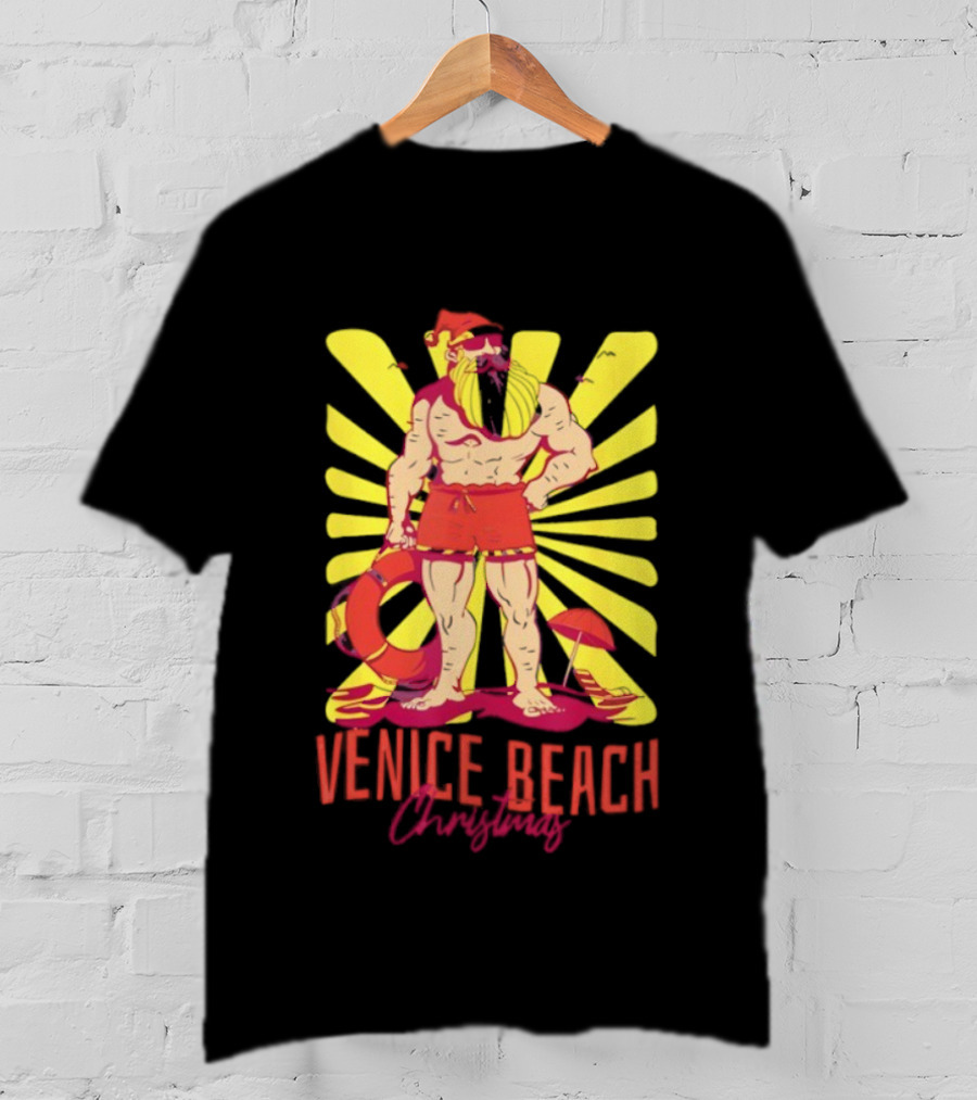 Venice Beach Christmas Lifeguard Santa Sunburst T-Shirt