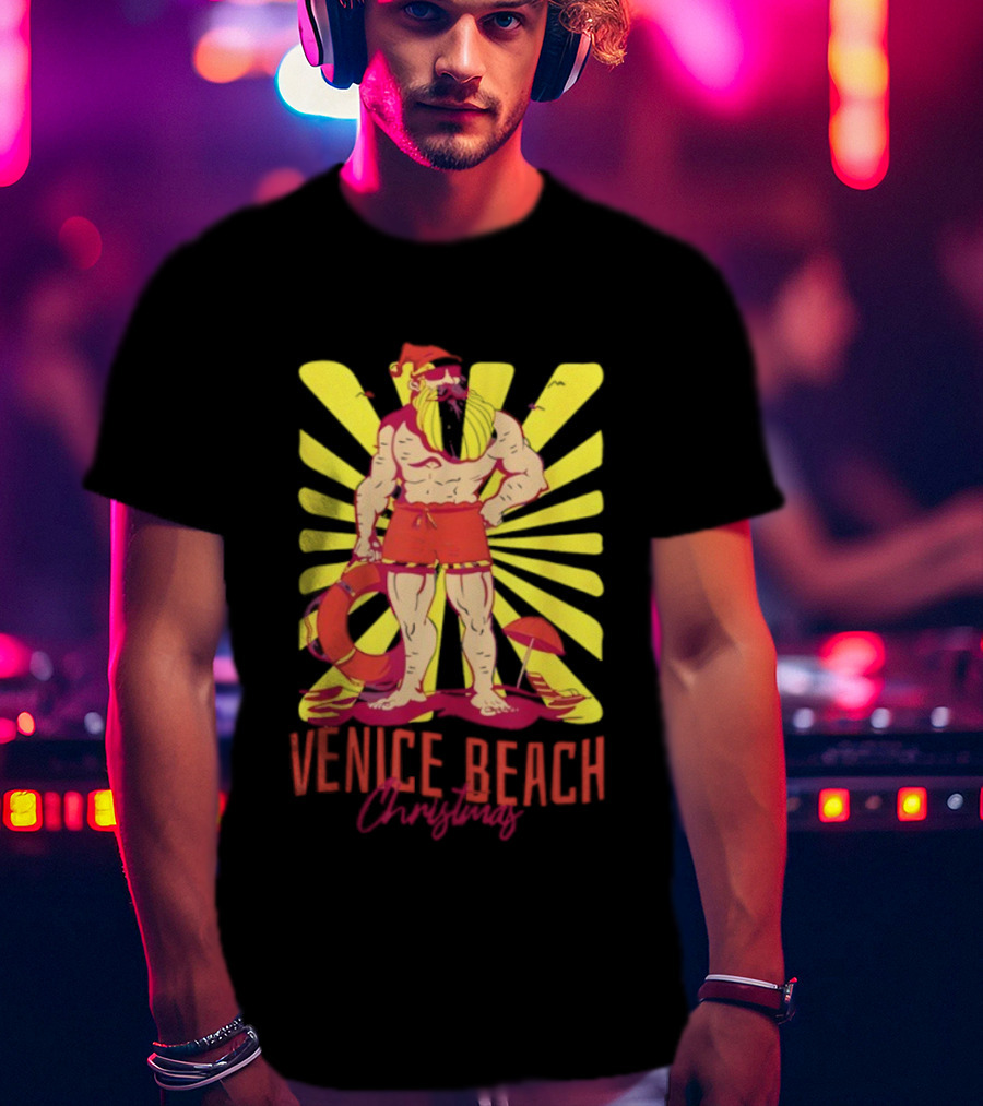Venice Beach Christmas Lifeguard Santa Sunburst T-Shirt