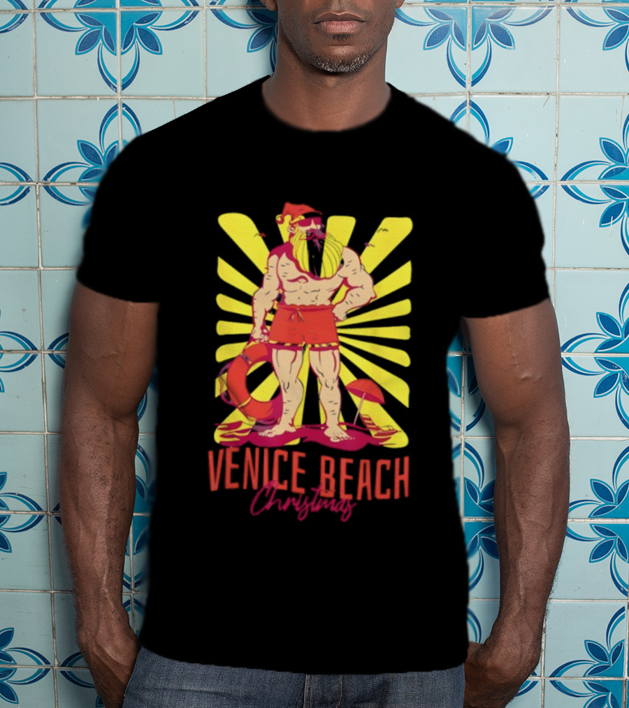 Venice Beach Christmas Lifeguard Santa Sunburst T-Shirt