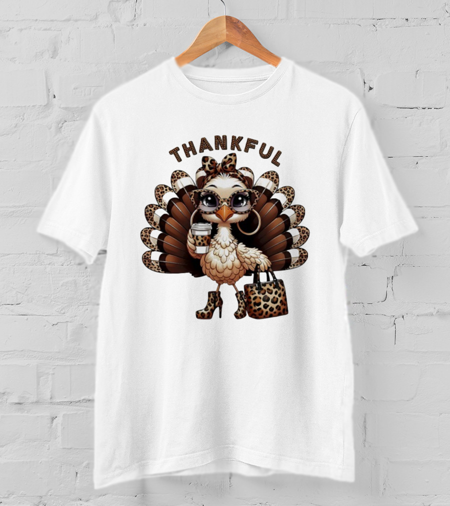 Thankful Leopard Print Turkey Coffee Lover Fashionista T-Shirt