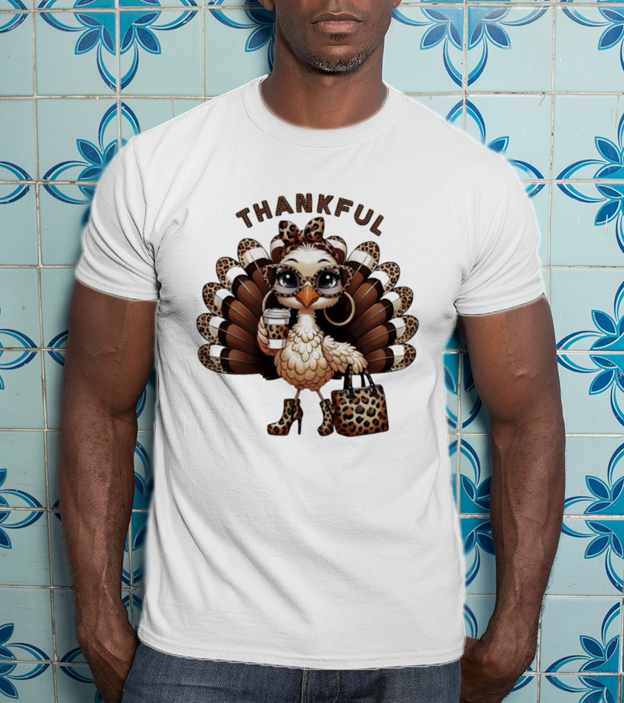Thankful Leopard Print Turkey Coffee Lover Fashionista T-Shirt
