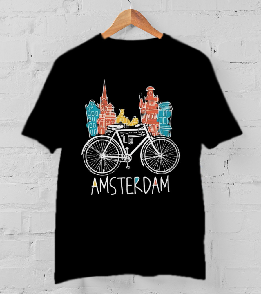Amsterdam Bicycle Skyline Colorful Sketch Houses T-Shirt