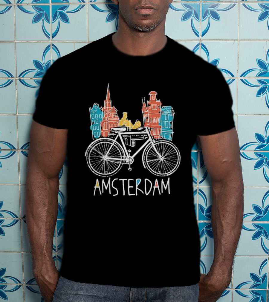 Amsterdam Bicycle Skyline Colorful Sketch Houses T-Shirt