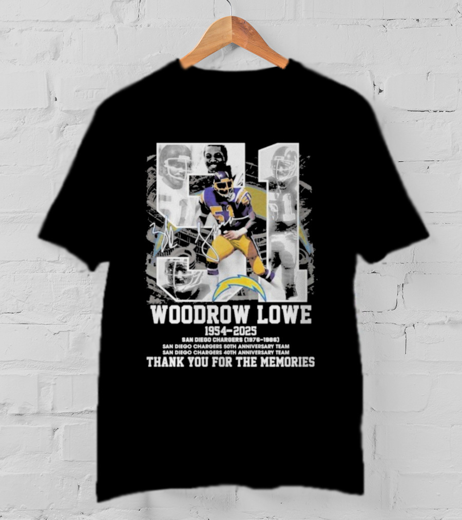 Woodrow Lowe 1954-2023 San Diego Chargers Anniversary Team Thank You For The Memories T-Shirt