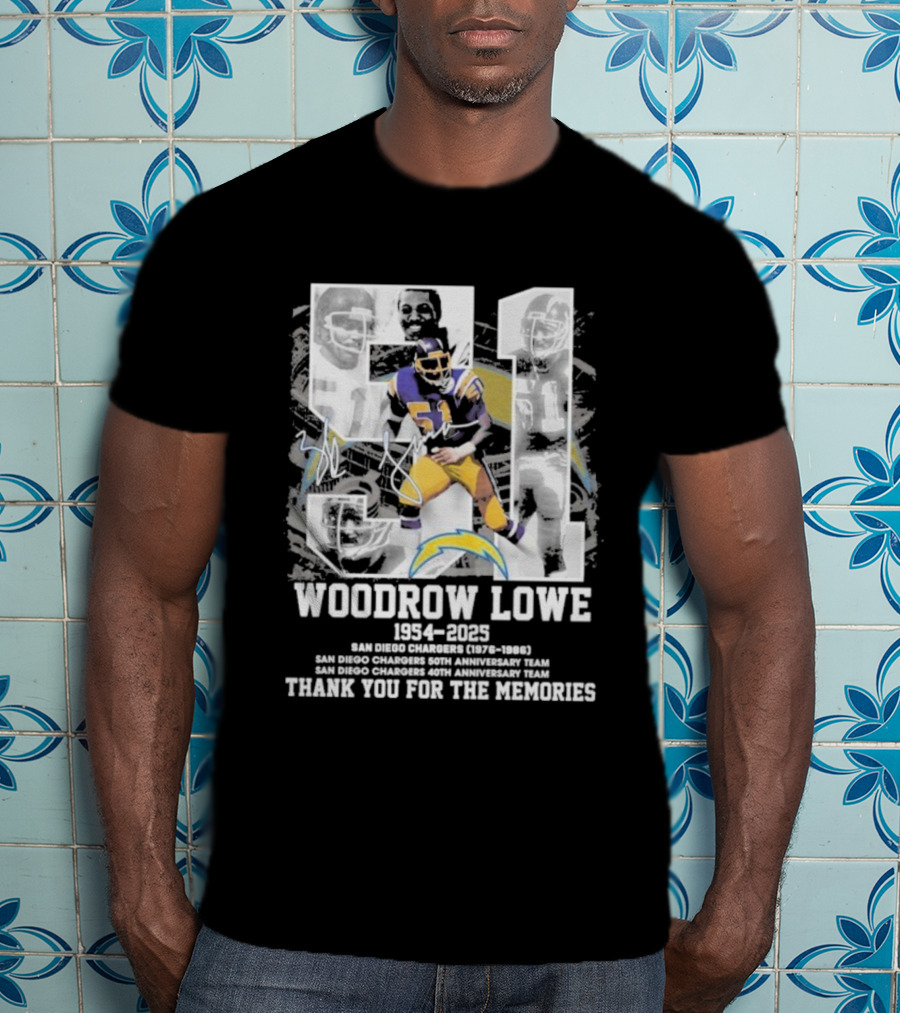 Woodrow Lowe 1954-2023 San Diego Chargers Anniversary Team Thank You For The Memories T-Shirt