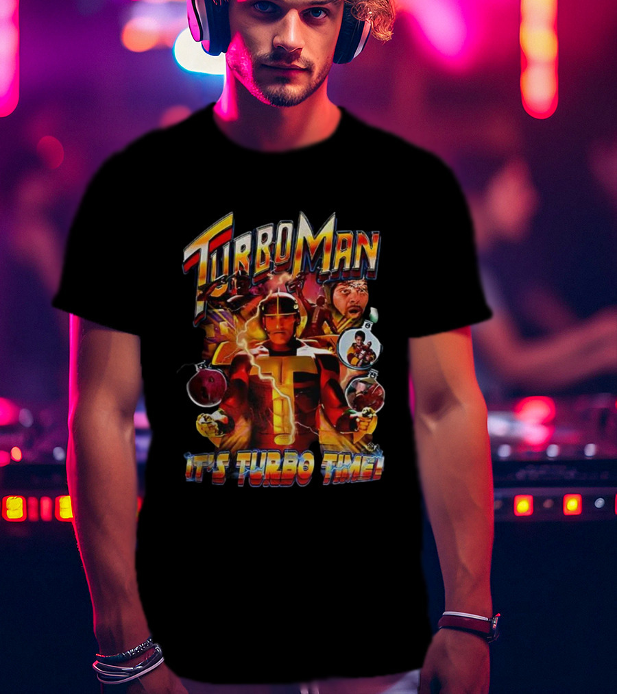 Turbo Man It's Turbo Time Christmas Bauble Lightning Hero Scene T-Shirt