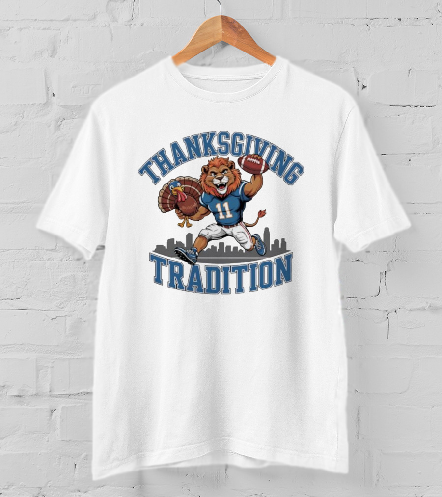 Thanksgiving Tradition Detroit Lions Football Mascot Number 11 Iconic Game Day Skyline T-Shirt
