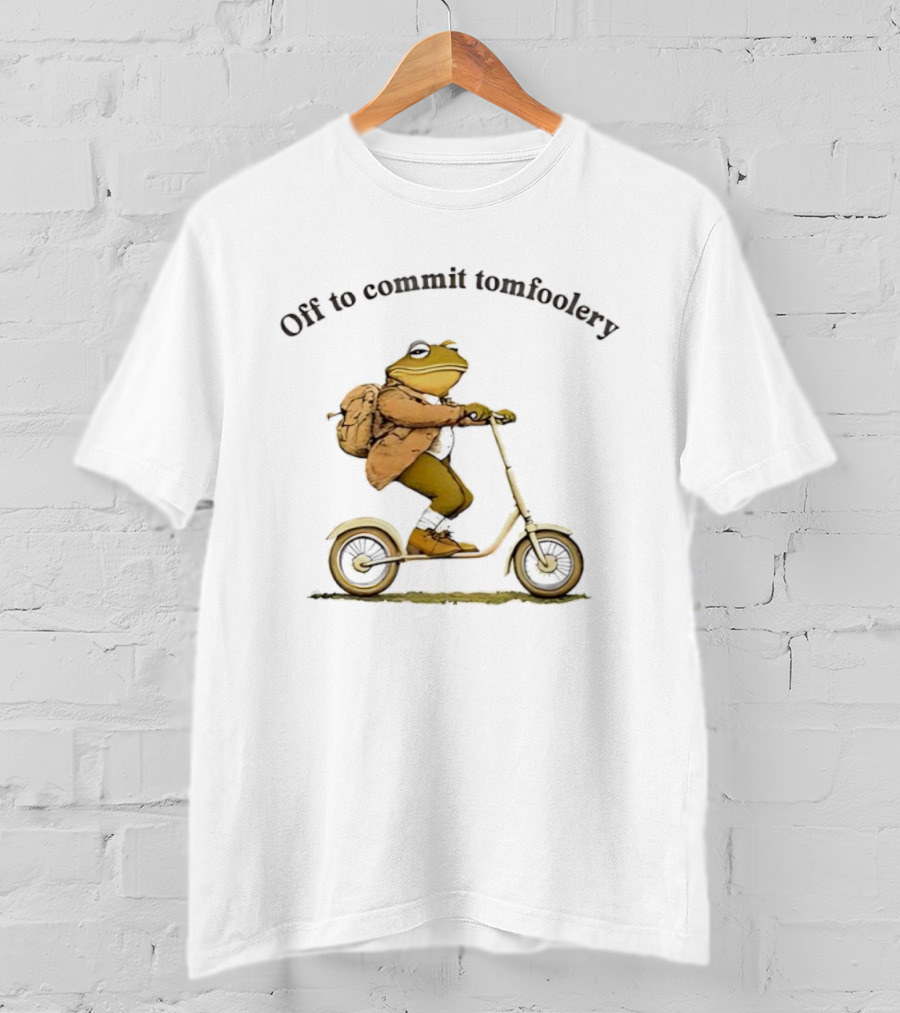 Off To Commit Tomfoolery Frog Riding Scooter With Backpack T-Shirt