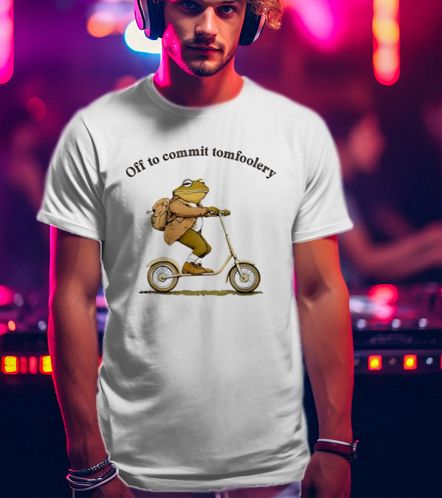 Off To Commit Tomfoolery Frog Riding Scooter With Backpack T-Shirt