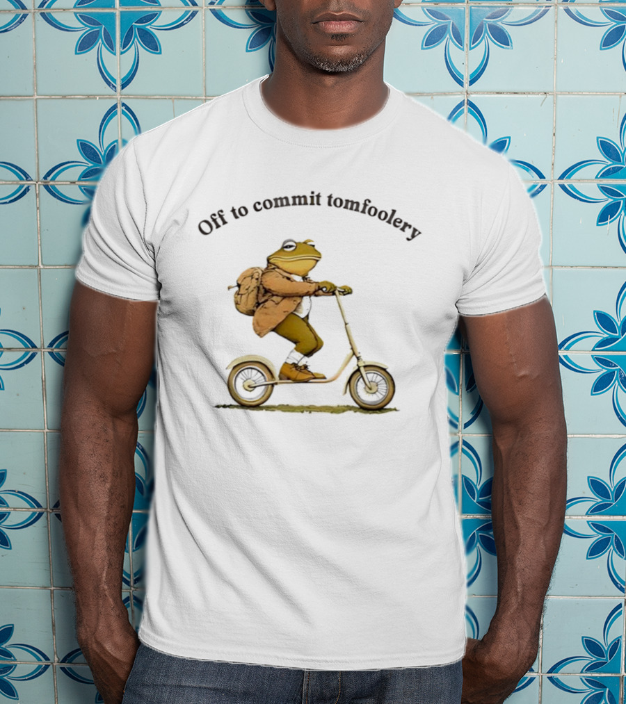 Off To Commit Tomfoolery Frog Riding Scooter With Backpack T-Shirt