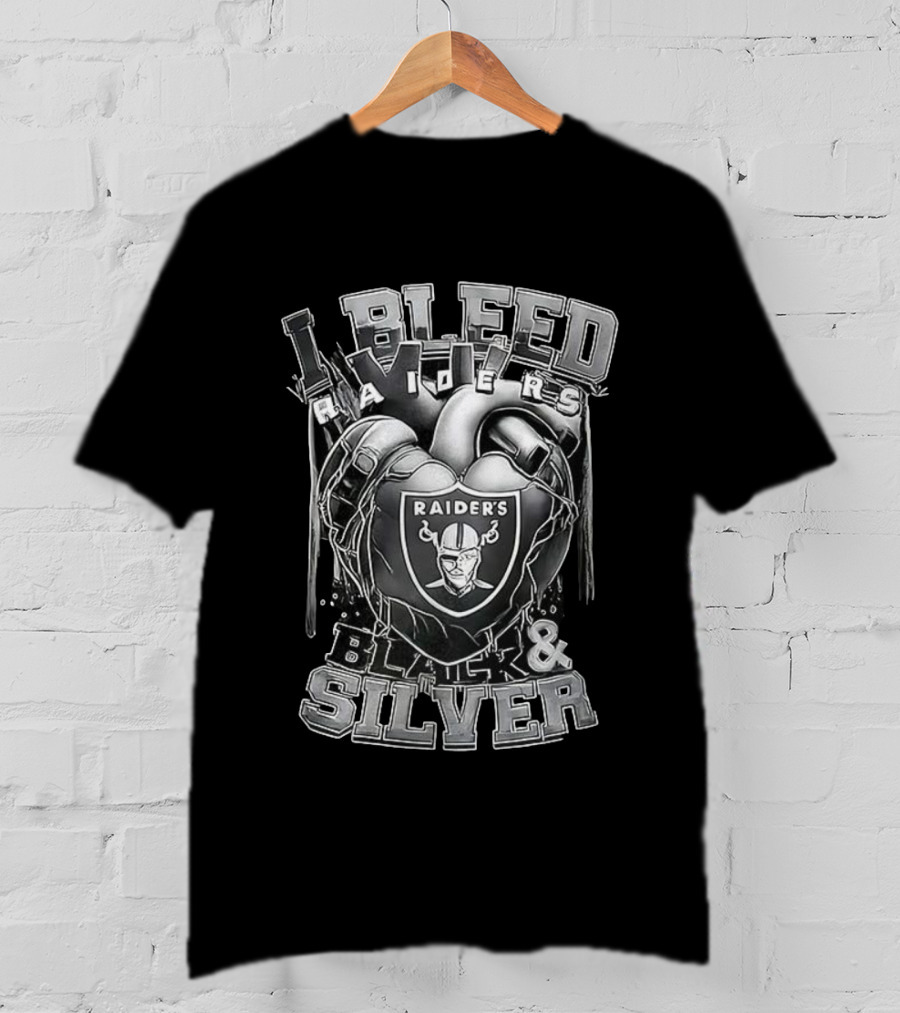 I Bleed Raiders Black And Silver Heart Football Fan Pride T-Shirt