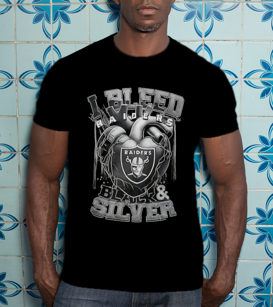 I Bleed Raiders Black And Silver Heart Football Fan Pride T-Shirt
