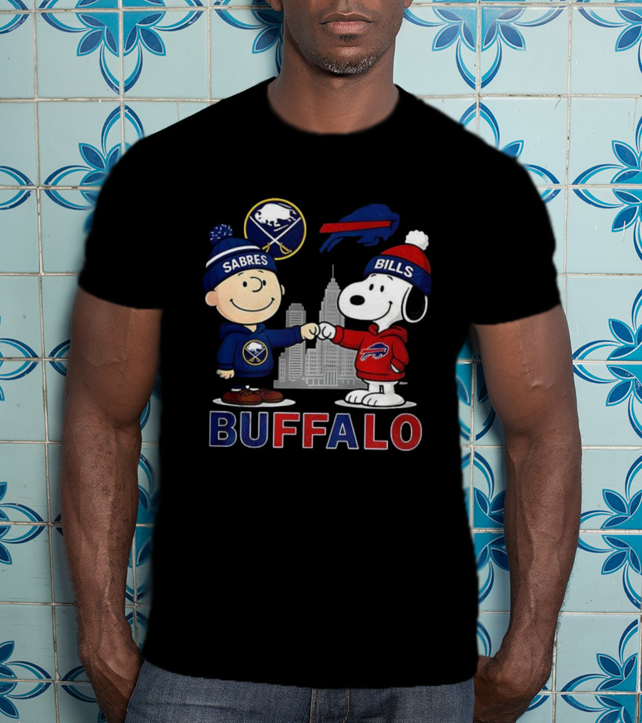 Charlie Brown Snoopy Buffalo Sabres Bills Skyline Fist Bump T-Shirt