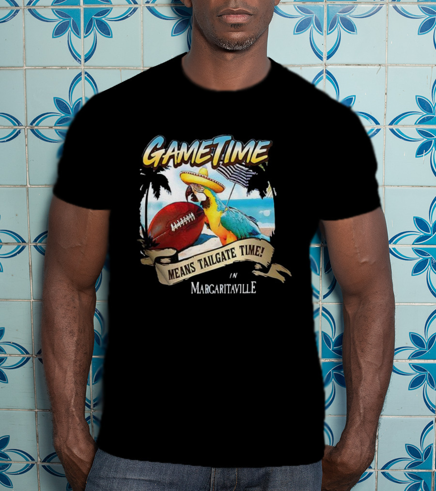 Game Time Means Tailgate Time In Margaritaville Football Parrot Beach Scene T-Shirt