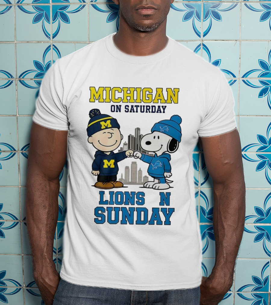 Michigan Wolverines On Saturday Charlie Brown And Snoopy Lions On Sunday T-Shirt