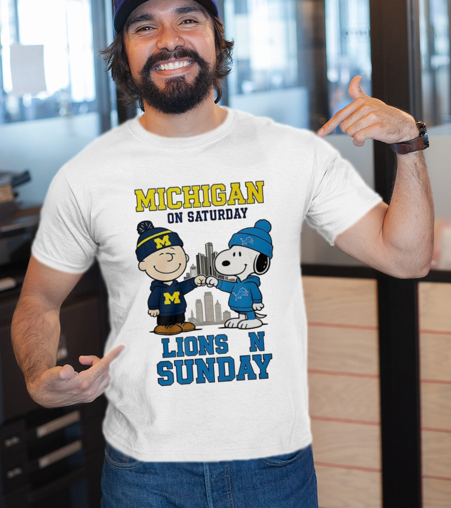 Michigan Wolverines On Saturday Charlie Brown And Snoopy Lions On Sunday T-Shirt