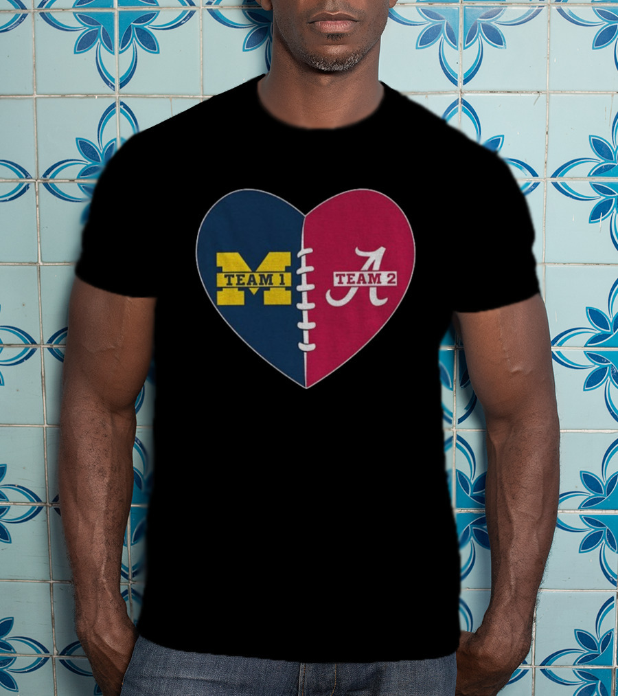 Heart Divided Michigan Wolverines Team 1 Vs Alabama Crimson Tide Team 2 T-Shirt