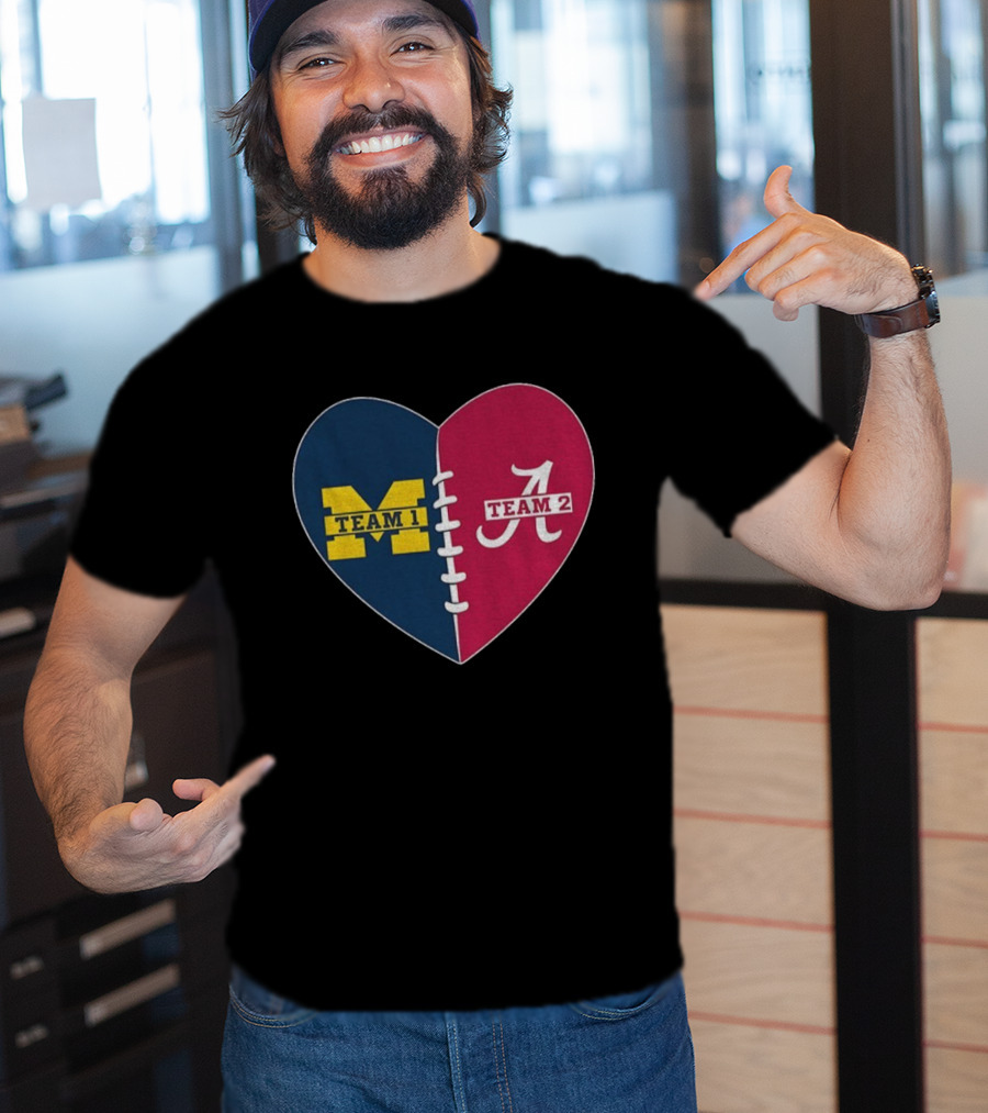 Heart Divided Michigan Wolverines Team 1 Vs Alabama Crimson Tide Team 2 T-Shirt