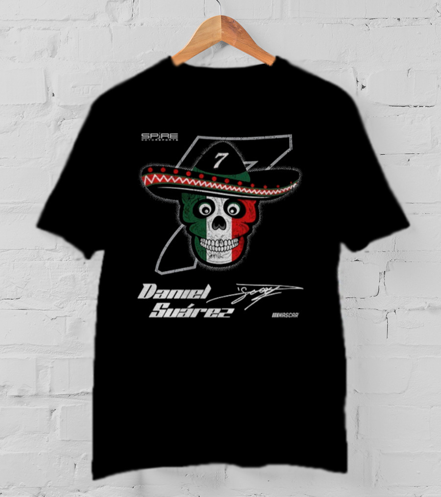 Daniel Suarez 7 Signature Skull Sombrero Spire Motorsports NASCAR T-Shirt