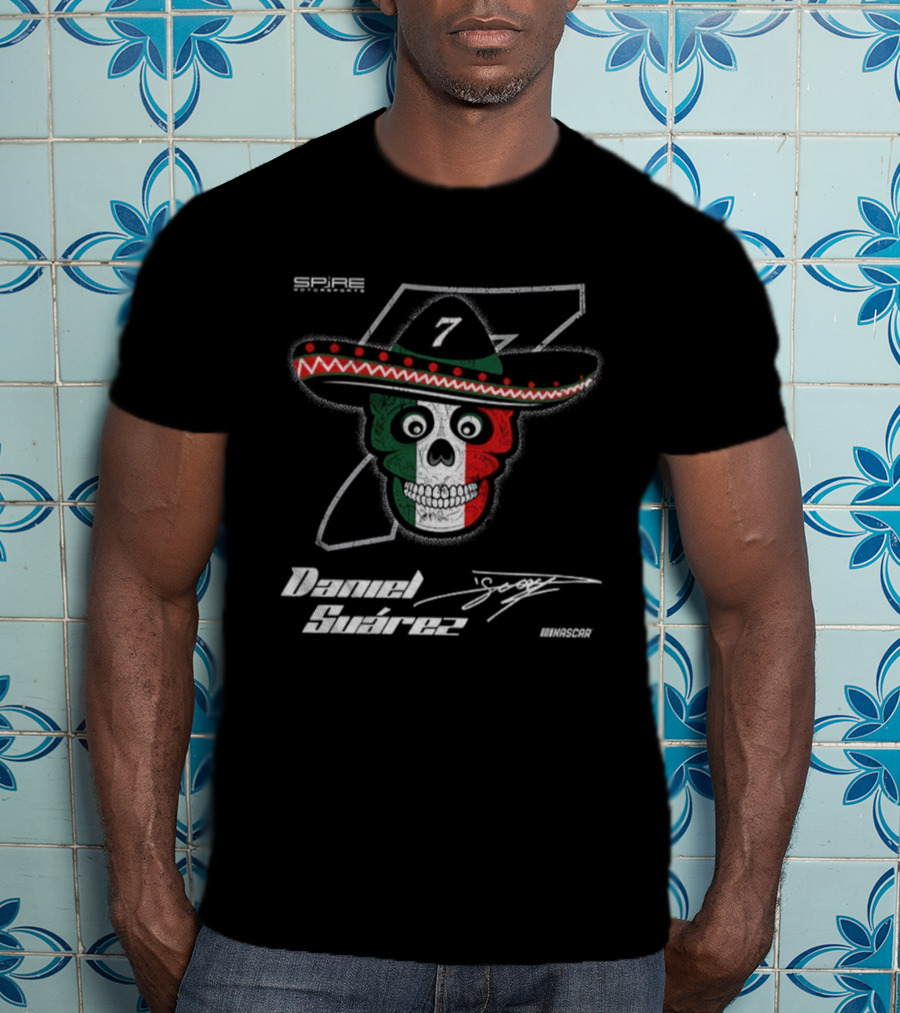 Daniel Suarez 7 Signature Skull Sombrero Spire Motorsports NASCAR T-Shirt