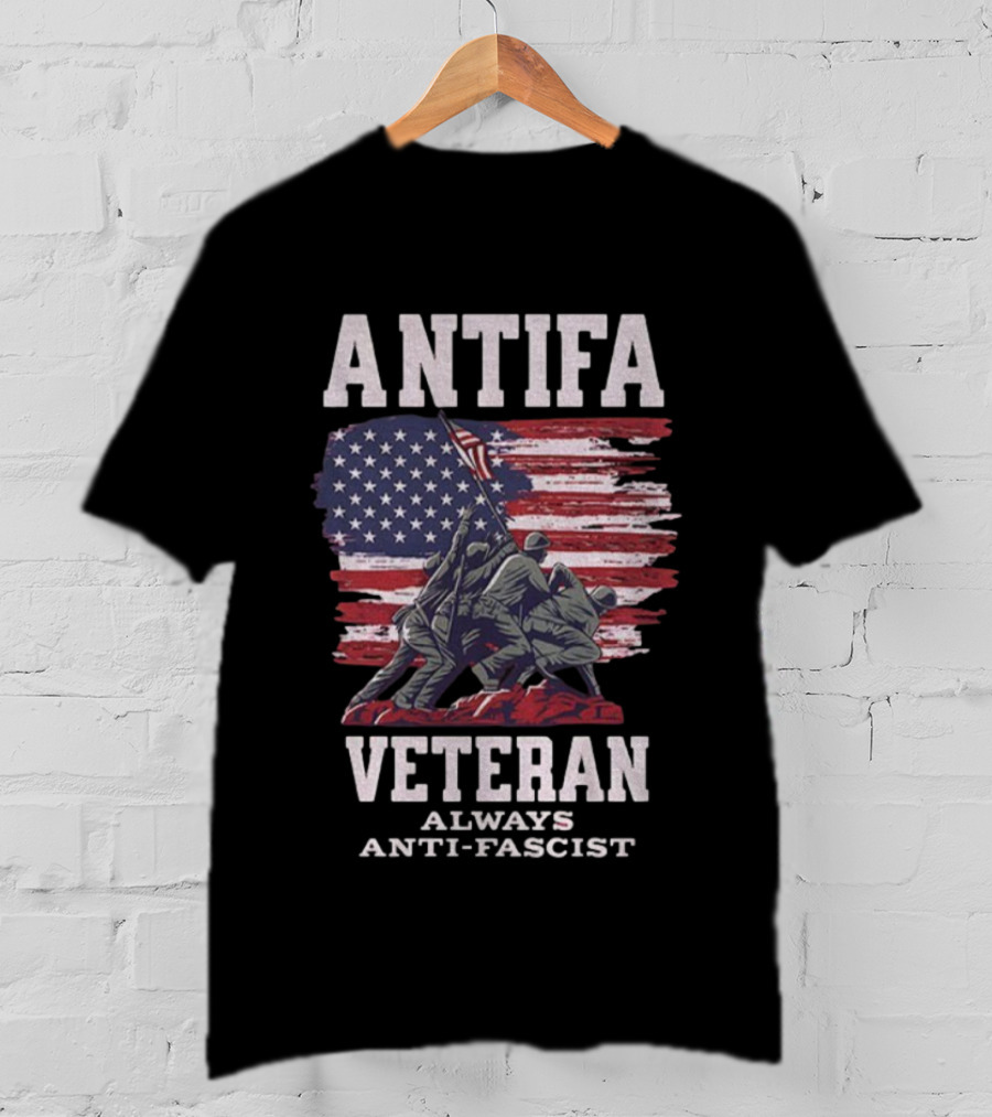 Antifa Veteran Always Anti-Fascist American Flag Iwo Jima Scene T-Shirt