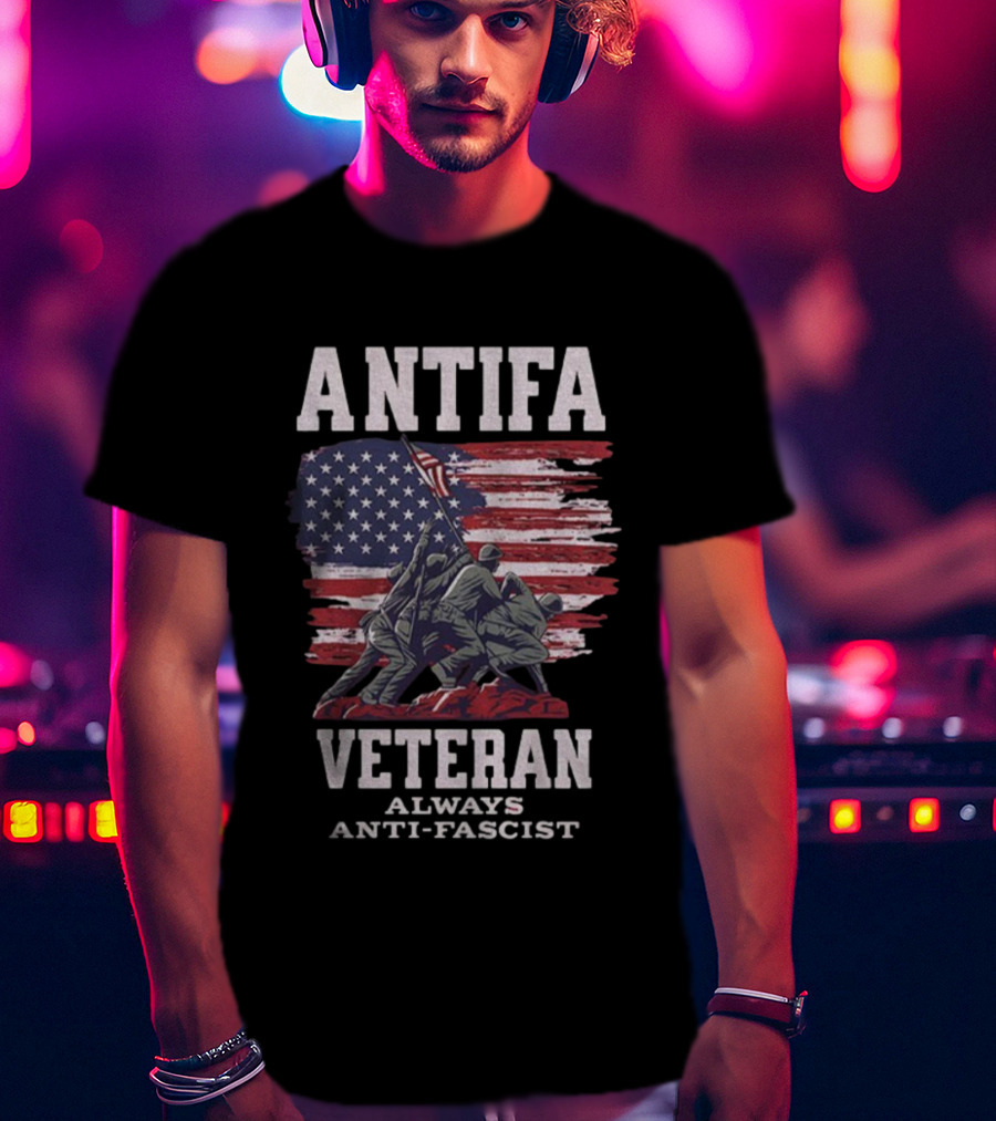 Antifa Veteran Always Anti-Fascist American Flag Iwo Jima Scene T-Shirt