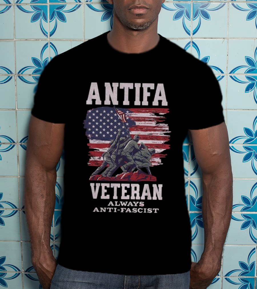 Antifa Veteran Always Anti-Fascist American Flag Iwo Jima Scene T-Shirt