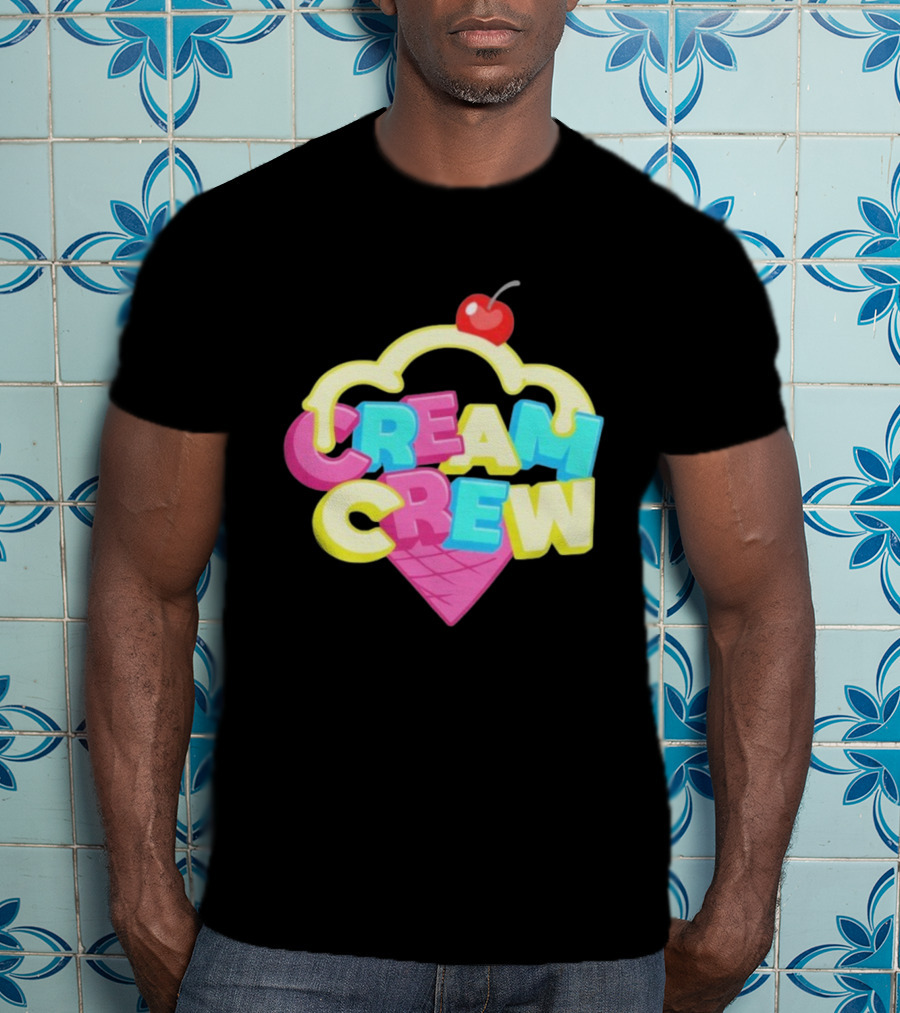 CREAM CREW Ice Cream Cone Cherry Top Colorful Text T-Shirt