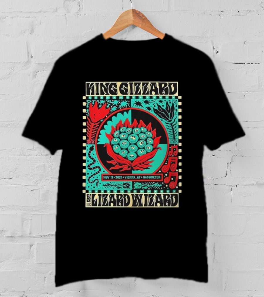 King Gizzard And The Lizard Wizard Vienna Austria November 12 2025 Event At Gasometer Music Notes And Floral Illustration T-Shirt