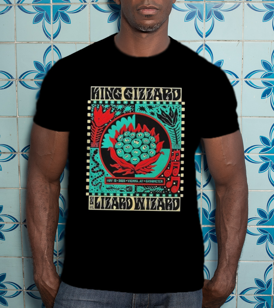 King Gizzard And The Lizard Wizard Vienna Austria November 12 2025 Event At Gasometer Music Notes And Floral Illustration T-Shirt