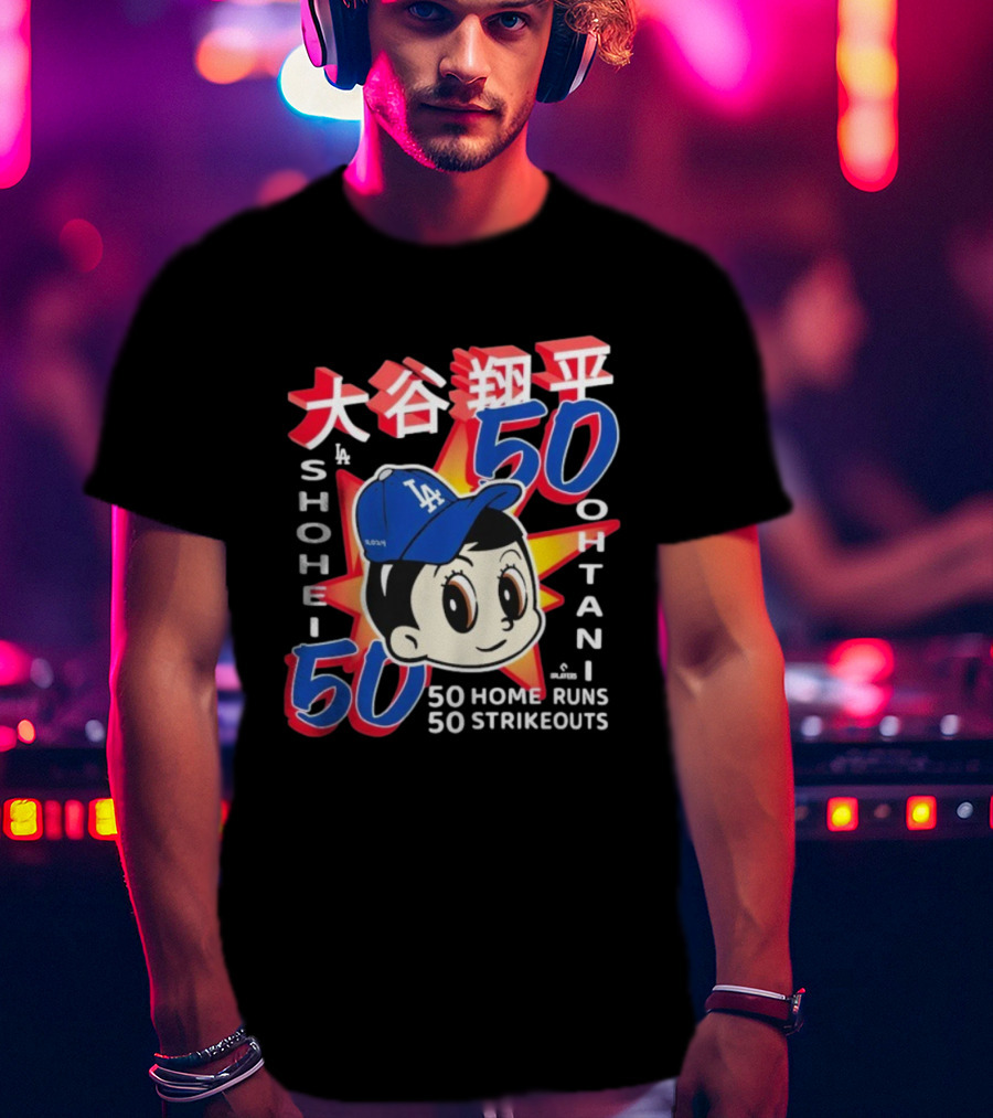 Shohei Ohtani 50 Home Runs 50 Strikeouts Los Angeles Dodgers Cartoon Baseball Hat T-Shirt