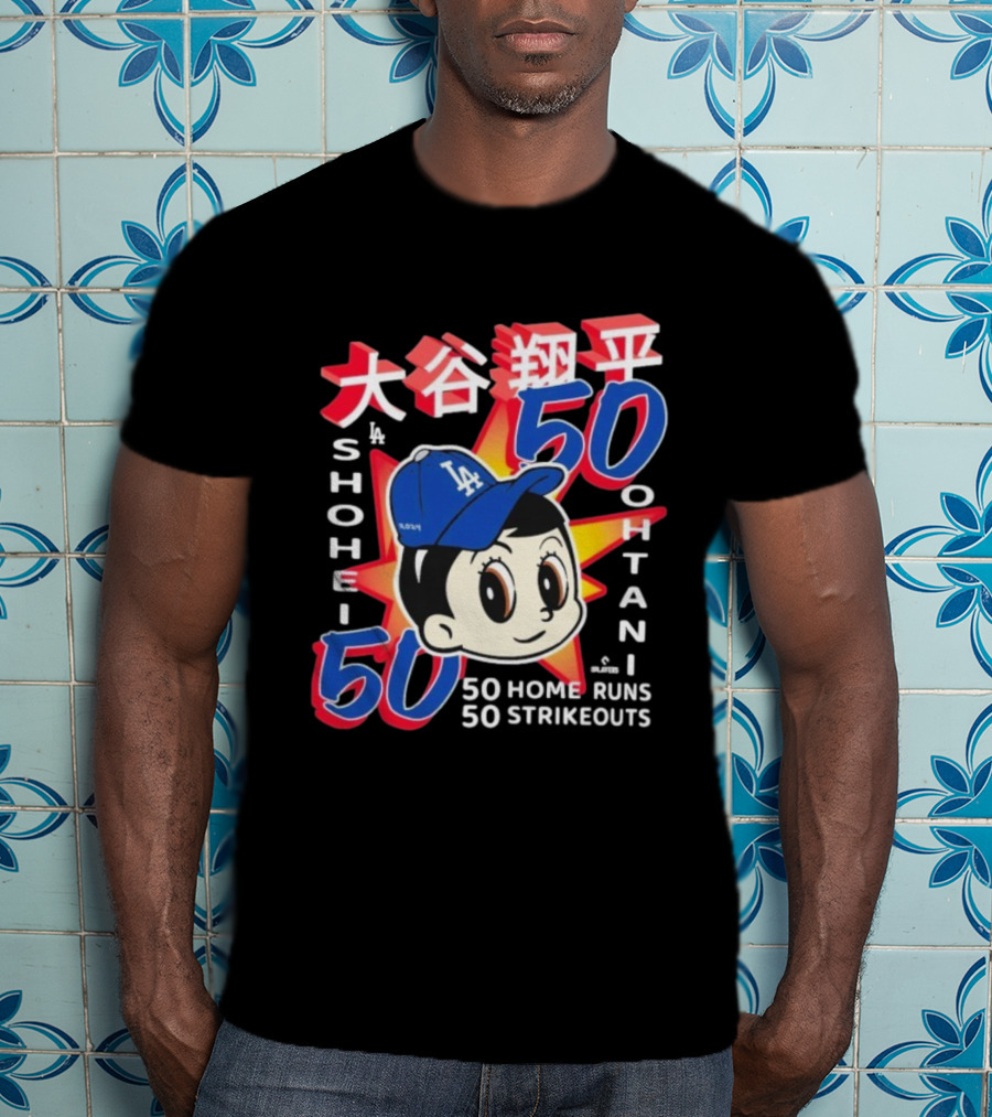 Shohei Ohtani 50 Home Runs 50 Strikeouts Los Angeles Dodgers Cartoon Baseball Hat T-Shirt