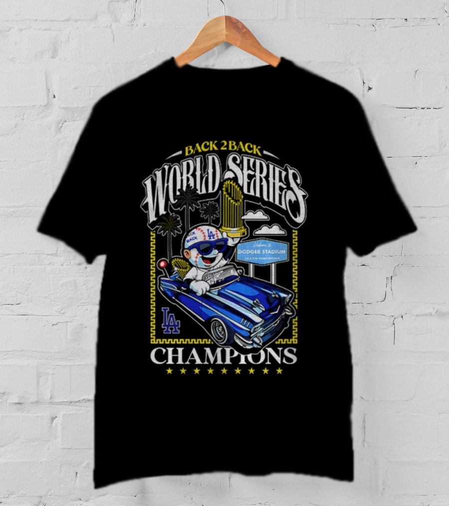 Back 2 Back World Series Champions Los Angeles Dodgers Dodger Stadium Vintage Car Celebration T-Shirt