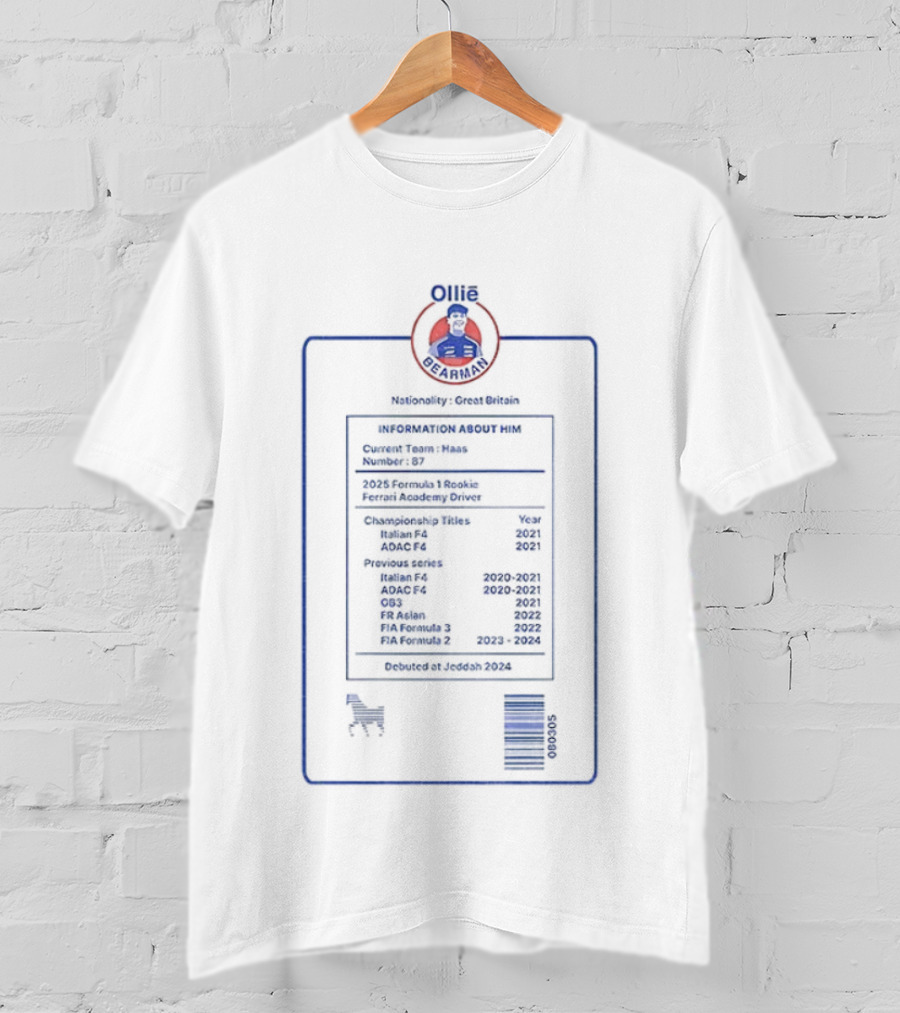 Ollie Bearman Prema Racing Great Britain F1 Racing Information T-Shirt