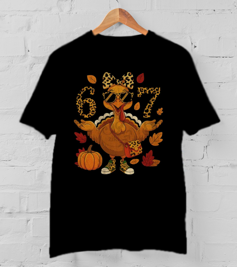 Boujee Turkey Leopard Bow 6 7 Meme Happy Thanksgiving Fall T-Shirt