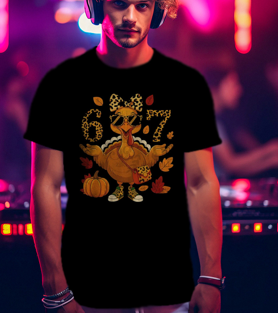Boujee Turkey Leopard Bow 6 7 Meme Happy Thanksgiving Fall T-Shirt