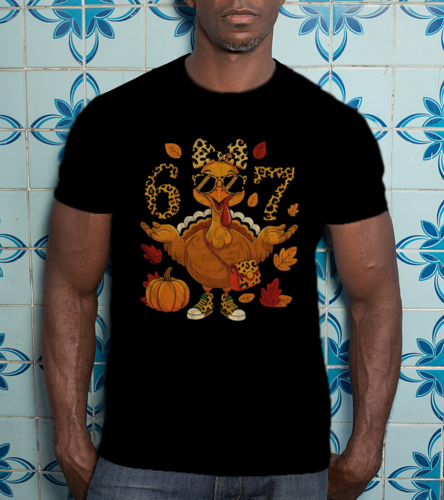 Boujee Turkey Leopard Bow 6 7 Meme Happy Thanksgiving Fall T-Shirt